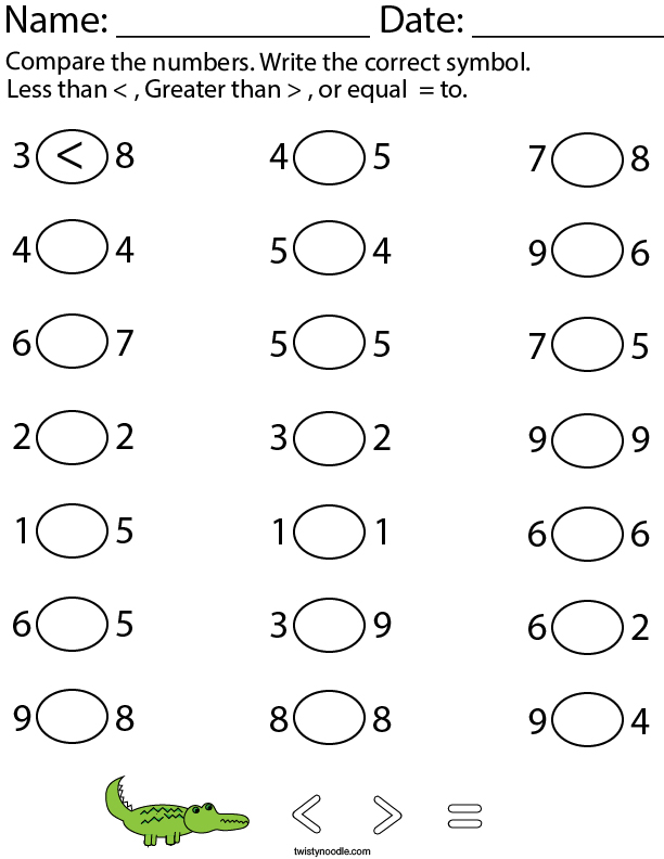 comparing 2 numbers kindergarten math worksheet twisty